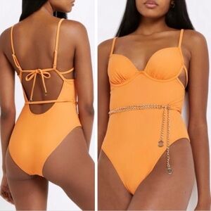 RIVER ISLAND Chain Detail Underwire One-piece Swimsuit Orange Sz. 10 UK / S US